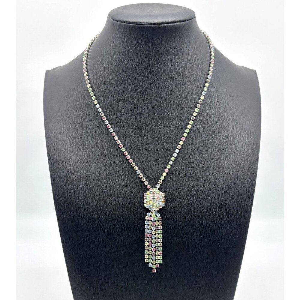 Vintage Rainbow Rhinestones Necklace With Dangling Rhinestone Tassels, Unsigned~